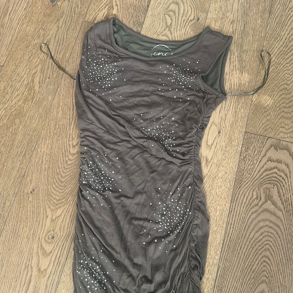 Taupe sparkle ruched midi dress